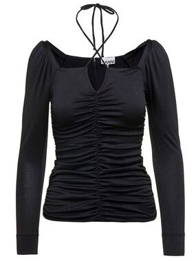 Ganni Black Ruched Long-Sleeve Halter Top